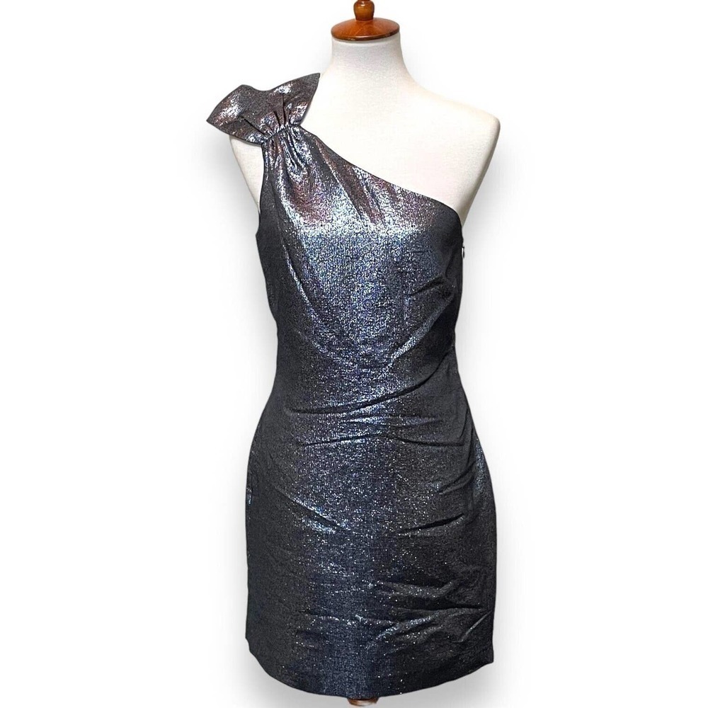 Rachel Zoe Black Silver Blue Metallic Sarrica One Shoulder Mini Dress Size 6